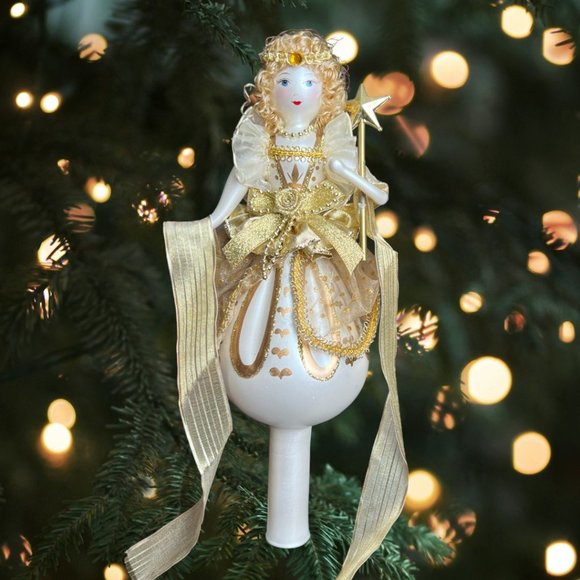 Vtg SOFFIERIA DE CARLINI Handblown Glass Gold Angel Tree Topper Wand Curls Italy - Picture 2 of 15